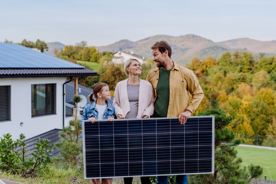 Happy Family holding up a solar panel together